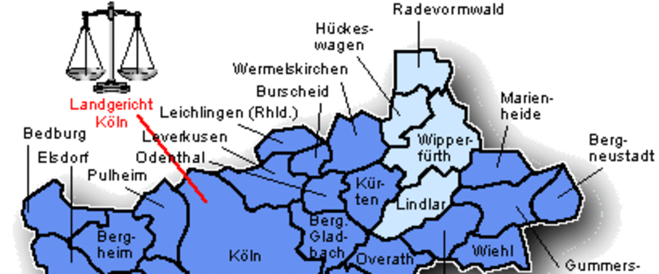Karte des Bezirks des Landgerichts mit markiertem Bereich der Zuständigkeit des Amtsgerichts Wipperfürth.
